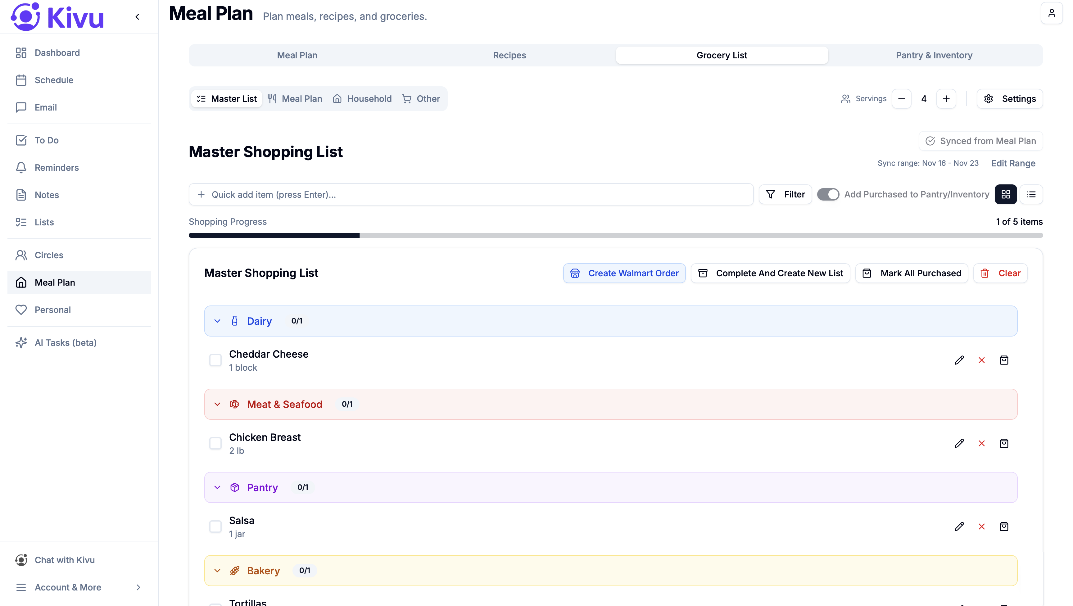 Grocery list with items auto-generated from meal plan